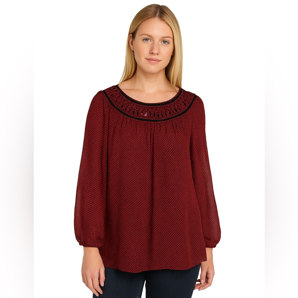Coldwater Creek XL 16 Lagenlook Sheer Burgundy Blouse with Embellished Neckline